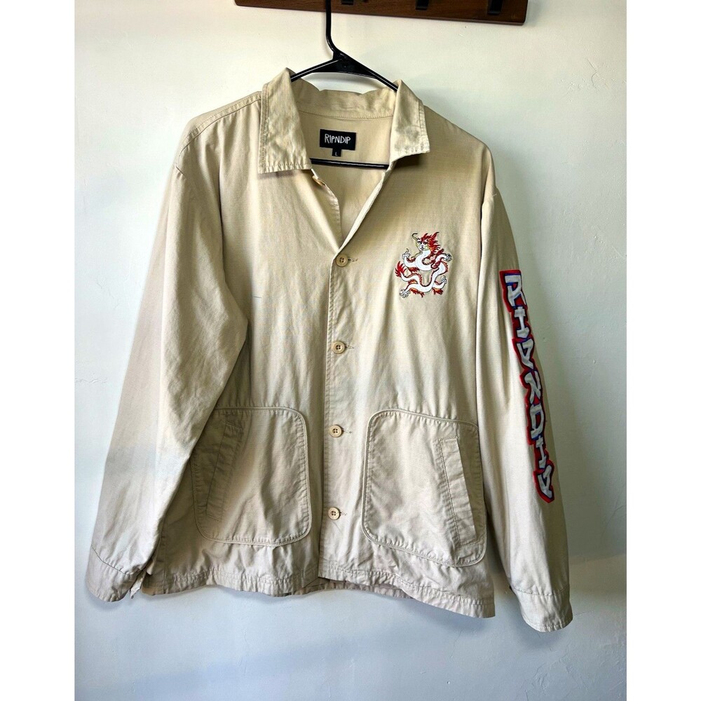 RIPNDIP Dragonerm Ripstop Work Jacket Beige Cotton Men's L Embroidered Khaki